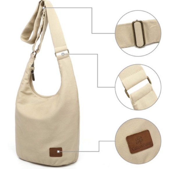 Beige Canvas Sling Bag with Leather Accent - Picture 1 of 3